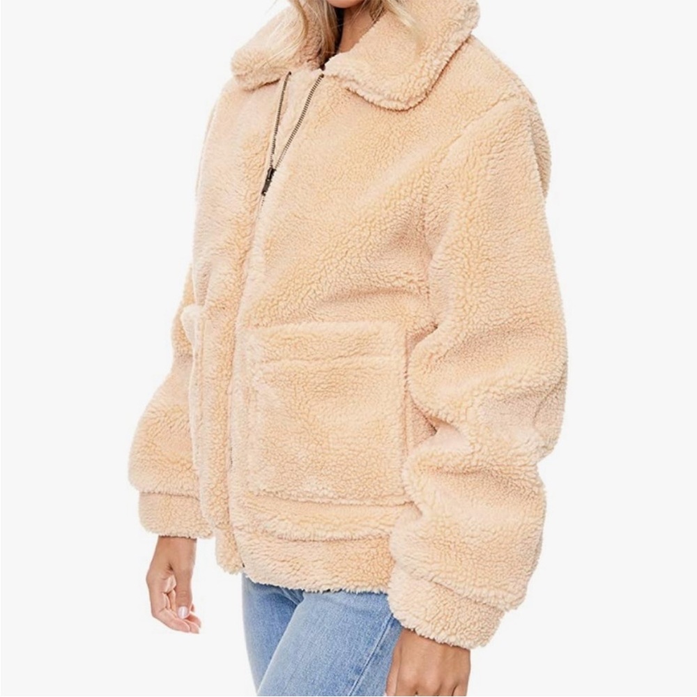 Elodie Faux Shearling Sherpa Teddy Jacket Coat Tan Cream Size L